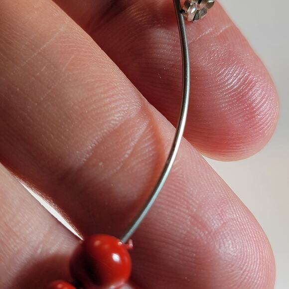 Vintage Red Bead Dangle Earrings – Floral Metal Back with Long Hook Design - Picture 10 of 10